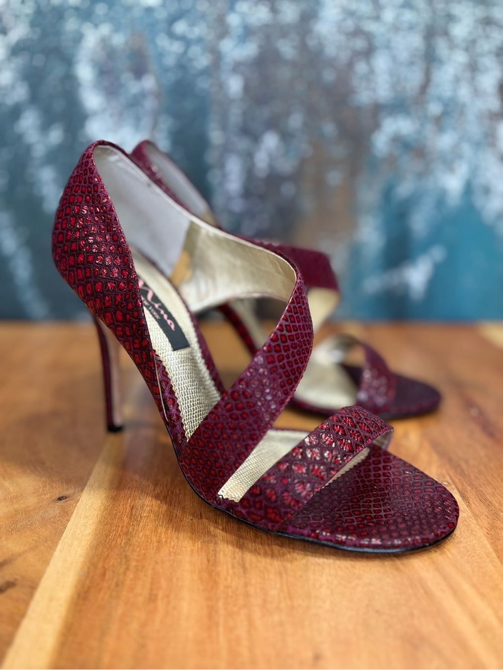 Nina Vintage Y2K Office Siren Burgundy Python Leather Heels Size 8M